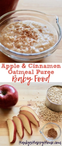 This homemade oatmeal puree makes a perfect breakfast for little ones. Add apples and cinnamon to make it yummy and make your kitchen smell like fall.