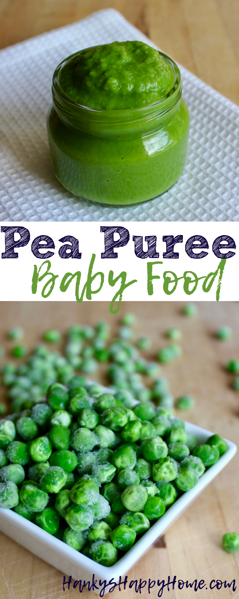 Quick and easy pea baby food puree with a sweet taste babies love. Excellent source of vitamin C and a good source of fiber, folate, and iron.