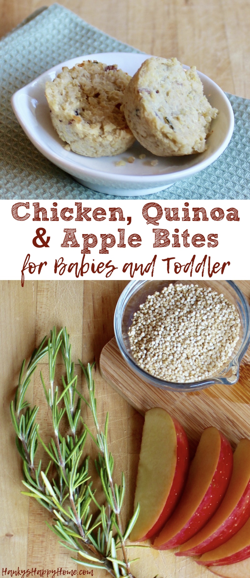 These Chicken, Quinoa & Apple Bites are a delicious combination of protein and fruit that make a great meal or snack for baby.