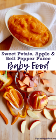 This Sweet Potato, Apple & Bell Pepper Puree combines the comfort of sweet potatoes with the sweetness of apples while introducing bell peppers or capsicums!