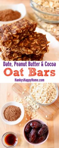 These Date, Peanut Butter & Cocoa Oat Bars combine wholesome rolled oats with a cup of delicious dates, a scoop of peanut butter and spoonful of cocoa powder for an on-the-go snack without refined sugar.