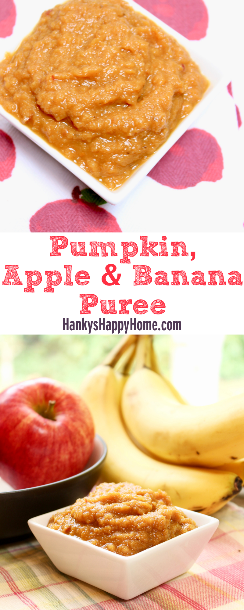 Use leftover pumpkin puree to make this easy Pumpkin, Apple & Banana Puree. Perfect puree for babies or in a squeeze pouch for toddlers. 