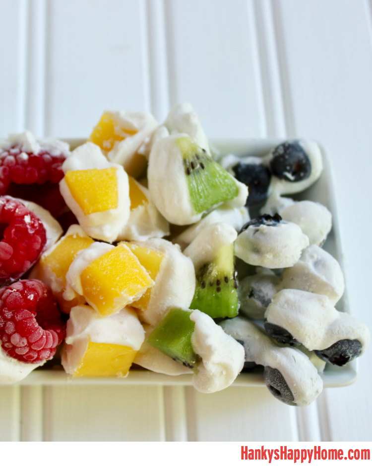 Yogurt Covered Fruit is a healthy snack without added sugar! Made with greek yogurt, rich coconut cream, a touch of vanilla, and your favorite fruit!
